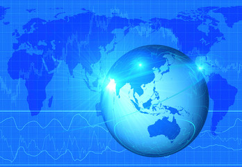 株価のグラフと地球儀