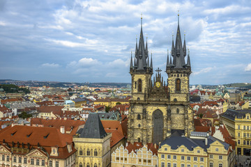 Fototapeta premium Tyn Church in Prague in a cloudy day