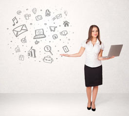 Young business woman presenting hand drawn media icons
