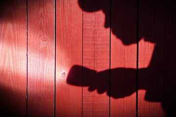 Unrecognizable burglar with  flashlight  in shadow on wood backg