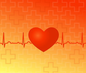 Medical vector background - red heart, ekg and crosses