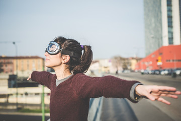 young beautiful hipster woman success aviator glasses