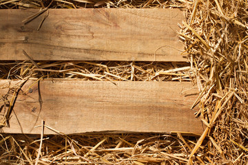 vintage background of wood plank and dry grass, hay, straw