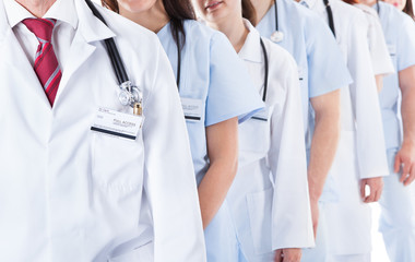 Long line of smiling doctors and nurses