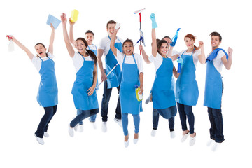 Fototapeta premium Large excited group of diverse janitors