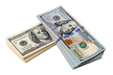 Pile of one hundred dollar bills isolated on white background
