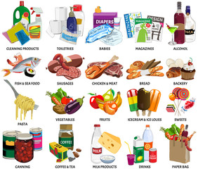 Set of sixty four supermarket vector icons