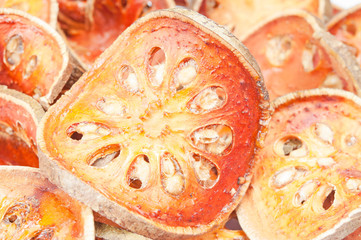 Close up slices of dried bael fruit
