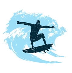silhouette of a surfer in grunge style splashes