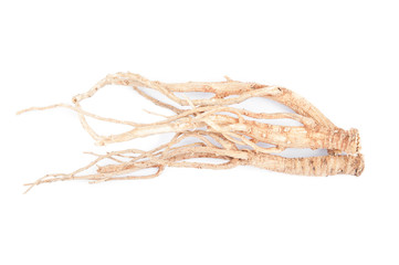 Dried ginseng on white background.