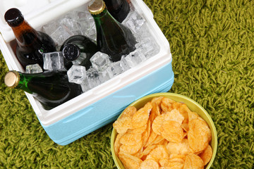 Ice chest full of drinks in bottles on color carpet background