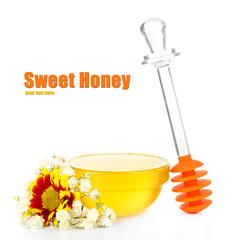 Sweet honey in glass bowl isolated on white