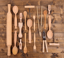 Wooden kitchen utensils on table close-up