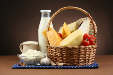 Basket with tasty dairy products