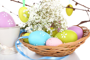 Easter composition with eggs branches close up