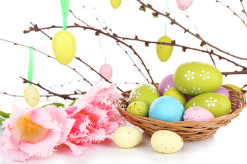 Easter composition with eggs branches close up