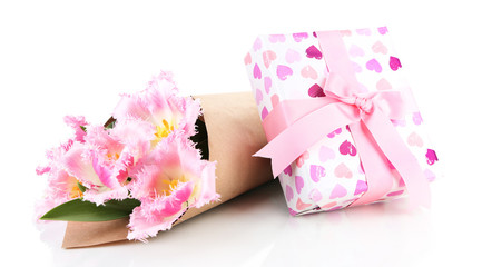 Beautiful tulips and gift box, isolated on white