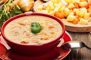 Pea soup with bacon and sausage