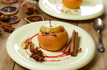 Christmas background of Homemade oven baked stuffed apples