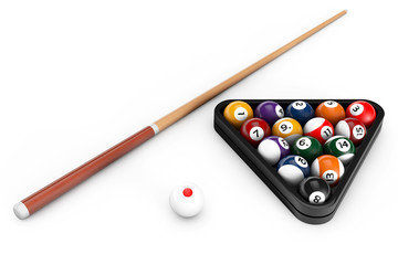 Glossy billiard balls set with cue - obrazy, fototapety, plakaty