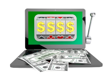 Slot machine inside laptop with dollars
