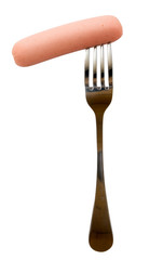 sausage on a fork on a white background closeup