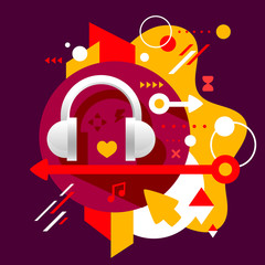 Fototapeta premium Headphones on abstract dark colorful spotted background with dif