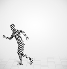 Funny guy in morphsuit body suit looking at copy space