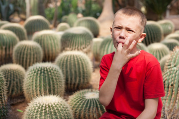 Boy pricked his finger on a cactus needles.