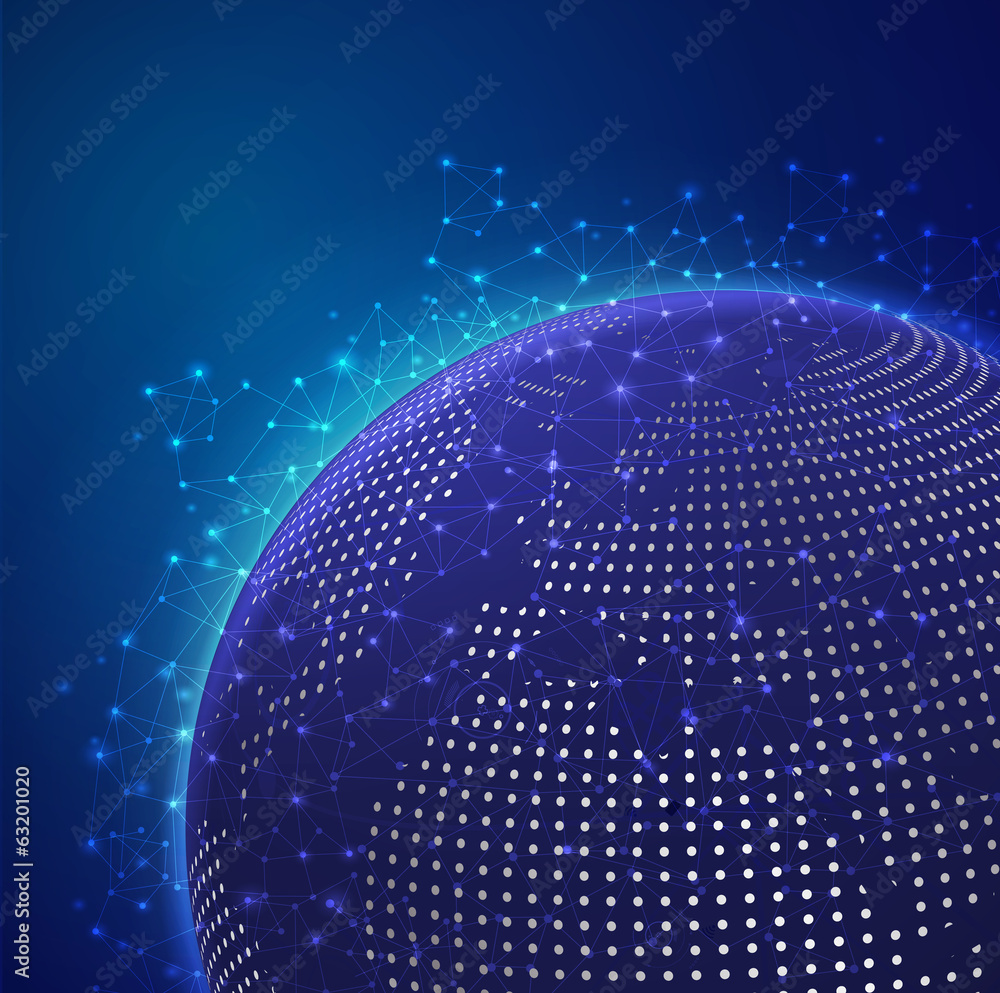 Poster global technology mesh digital network with dot world map, vecto