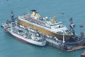 Ship is being renovated in shipyard