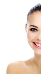 Obraz premium Cheerful female with fresh clear skin, white background