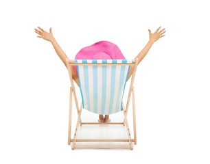 relaxed woman sitting on beach chairs and raise hands