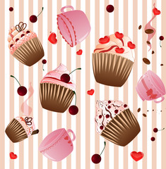 cupcake and cup on the  stripped pink background