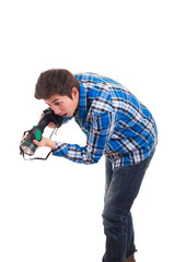 Man searching with flashlight on a white background