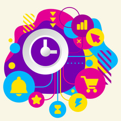 Obraz premium Clock on abstract colorful spotted background with different ico