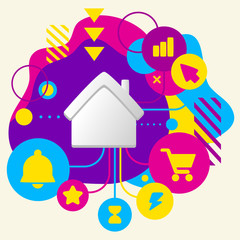 House on abstract colorful spotted background with different ico