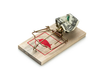 Money in a mousetrap on a white background
