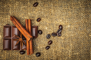 Spices and chocolaete on coffe beans
