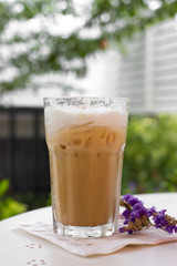 Iced coffee cappuccino with soft cream.