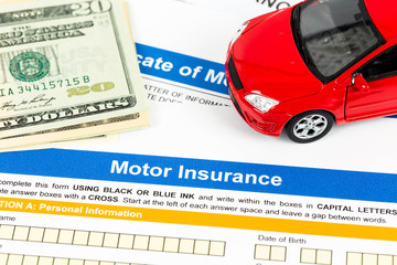 Motor or car insurance application with car model, and dollar ba