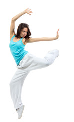 Young modern slim dancer girl exercise hip-hop style pose
