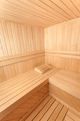 Fototapeta na wymiar Wide angle photo of wooden sauna