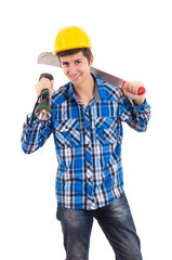 man holding a machete and a helmet