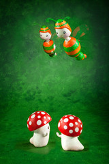 cute puppets handmade, green background