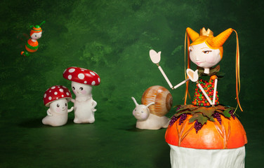 cute puppets handmade, green background