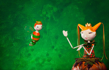 cute puppets handmade,  green background