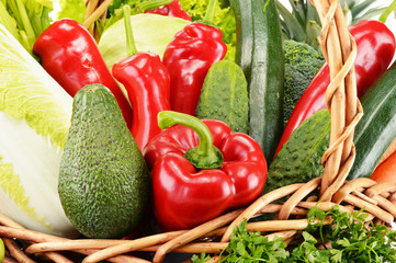 Wicker basket with groceries. Balanced diet