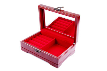 Open female casket with a mirror on the white