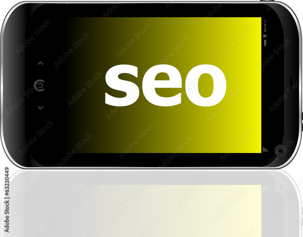 Poster web development concept: smartphone with word seo on display